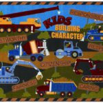 A kids rug with a construction theme that displays different words for building character.