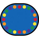An oval classroom rug with circles for seating kids around the edge.