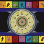 An educational kids rug with sign language numbers, sign language alphabet, and sign language clock.