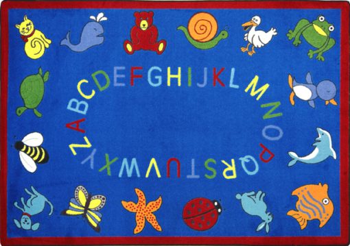 A blue rectangle kids rug with animals and alphabet around the edge.