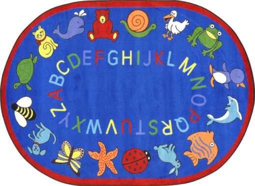A blue oval kids rug with animals and alphabet around the edge
