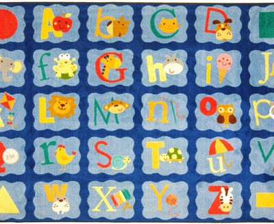 A baby rug with alphabet and animals in different spaces.