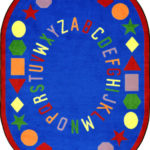 An oval blue educational kids rug with the alphabet and shapes
