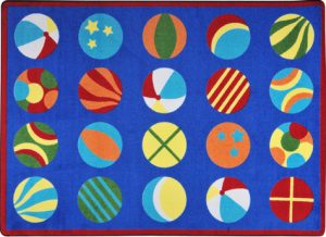A classroom seating rug with multi-colored balls