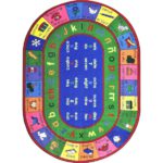 An oval multi-colored Spanish and English educational kids rug with numbers, letters and words.