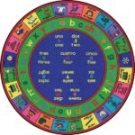 A round multi-colored Spanish and English educational kids rug with numbers, letters and words.