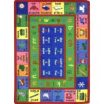 A rectangle multi-colored Spanish and English educational kids rug with numbers, letters and words.