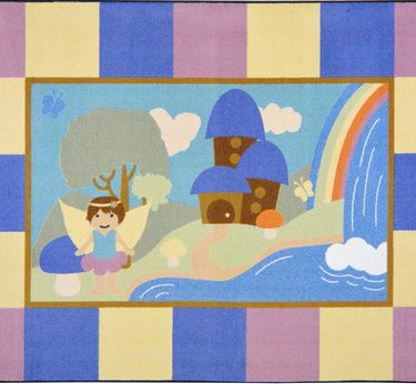 A baby rug with a whimsical fairy, house, waterfall and rainbow.