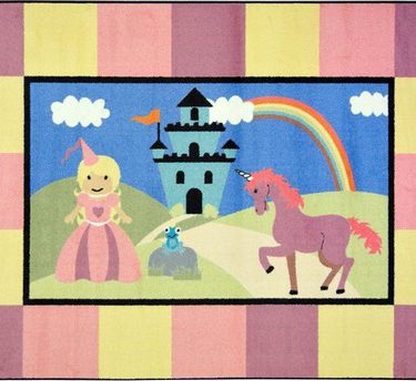 A baby rug with a whimsical princess, unicorn and castle.