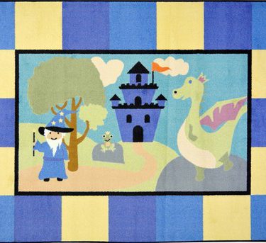 A baby rug with a whimsical wizard, dragon and castle.