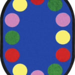 An oval classroom rug with circles for seating children