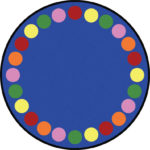 A round classroom rug with circles for seating children