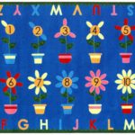A blue educational kids rug with flowers and the alphabet in upper case around the edge. Each flower has a coinciding number of petals 1 thru 10.