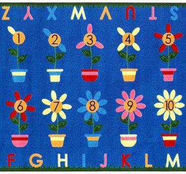 A blue educational kids rug with flowers and the alphabet in upper case around the edge. Each flower has a coinciding number of petals 1 thru 10.