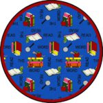 A round blue kids reading rug with books