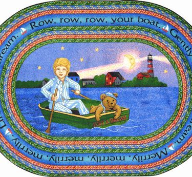 An oval kids rug with a boy and teddy bear on a row boat with a nursery rhyme around the edge of the rug.