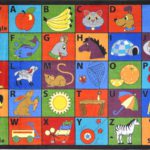 An educational kids rug with the alphabet and different fun images that coincide with each letter.