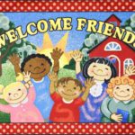 A kids rug with boys and girls waving and smiling with the words welcome friends above.