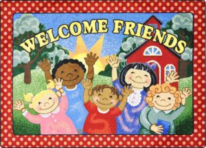 A kids rug with boys and girls waving and smiling with the words welcome friends above.