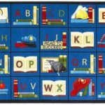 A classroom seating rug with the alphabet and books inside squares.
