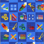 A blue children's rug with squares and fun images