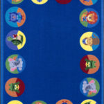 A classroom seating rug with animals inside circles around the edge of the rug.
