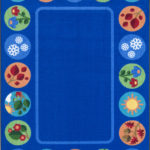 A classroom seating rug with circles around the edge for seating kids.