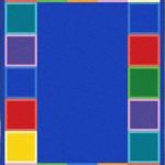 A classroom seating rug with different colored squares around the edge.