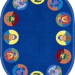 An oval classroom seating rug with animals inside circles around the edge of the rug.
