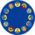 A round classroom seating rug with animals inside circles around the edge of the rug.