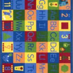 An educational kids rug with numbers, shapes and alphabet in upper and lower case.
