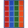 A classroom seating rug with rows of squares and colors. Each row has a different color. Red, Blue, Green, and Orange.
