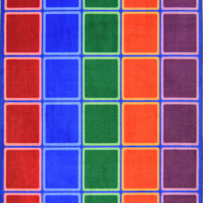 A classroom seating rug with rows of squares and colors. Each row has a different color. Red, Blue, Green, Orange and Purple