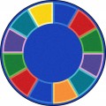 A round classroom seating rug with different colored squares around the edge.