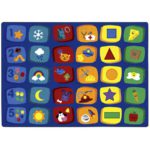 A classroom seating rug with fun blocks in different colors with images inside.