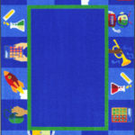 A blue children's rug with squares and fun images
