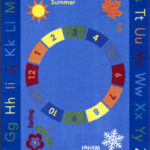 A blue educational kids rug with seasons, numbers and alphabet in upper and lower case.