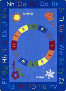 A blue educational kids rug with seasons, numbers and alphabet in upper and lower case.