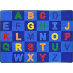 A blue kids rug with the alphabet in squares.
