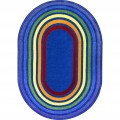 An oval rug with rainbow colored rings around the rug.