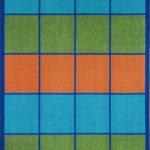 A classroom rug with rows of individual blue, green, and orange seating squares