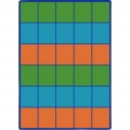 A classroom seating rug with rows of individual blue, green, and orange seating squares