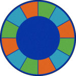 A round classroom seating rug with individual blue, green, and orange seating squares around the edge.