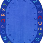 A blue oval educational kids rug with numbers and alphabets.