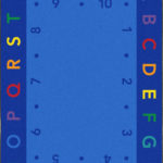 A blue educational kids rug with numbers and alphabets.