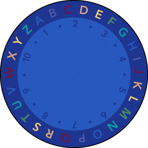 A blue round educational kids rug with numbers and alphabets.