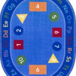 A blue oval educational kids rug with numbers, shapes and alphabets in upper and lower case.