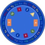 A blue round educational kids rug with numbers, shapes and alphabets in upper and lower case.
