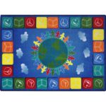 A multi-colored kids rug with the globe in the center and peace and love signs around the edge.