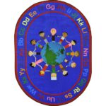 An oval blue kids rug with children holding hands around the world and the alphabet in upper and lower case around the edge.
